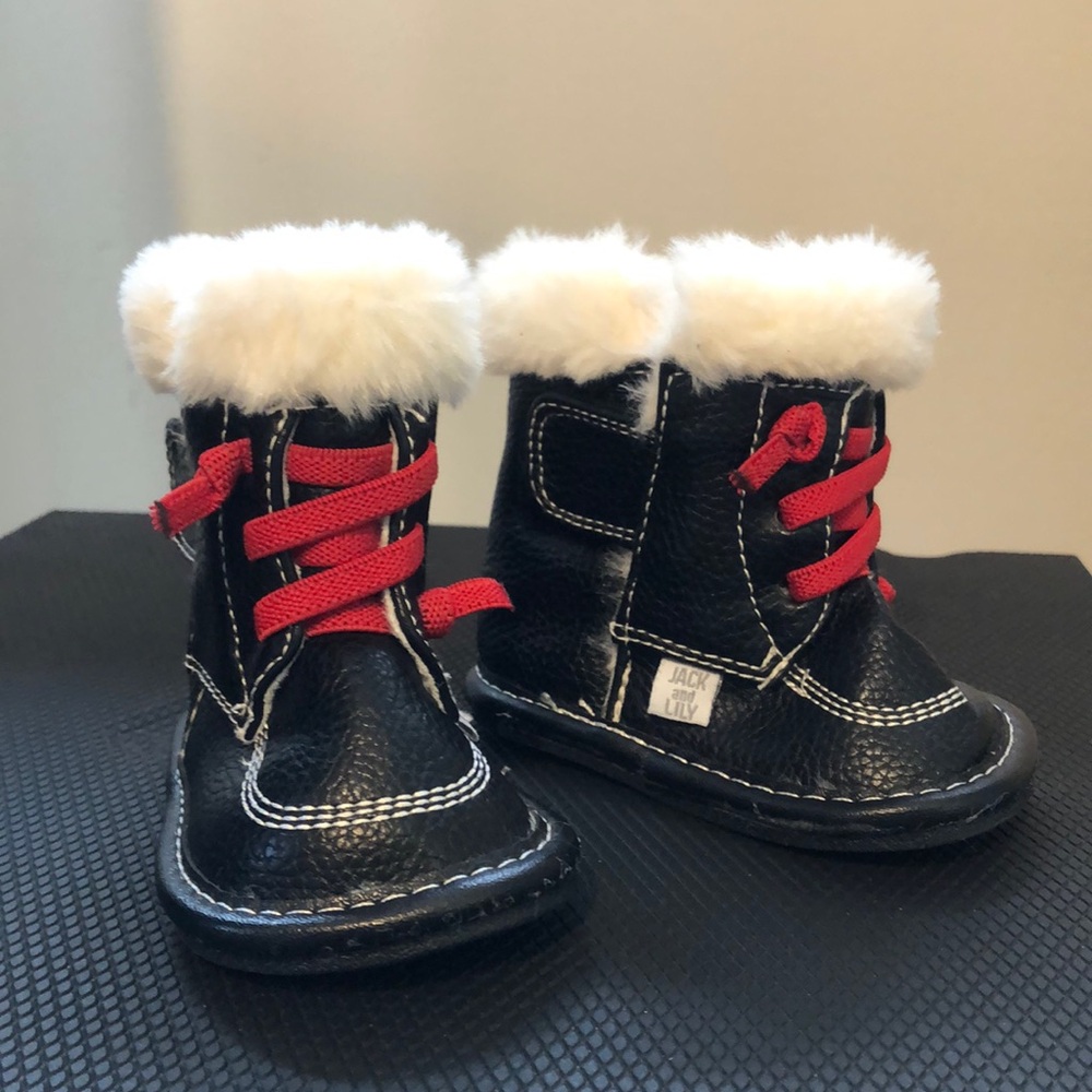 Moccasin Baby Booties, Faux Fur Lined, Black, Red Laced (Size 0-6)